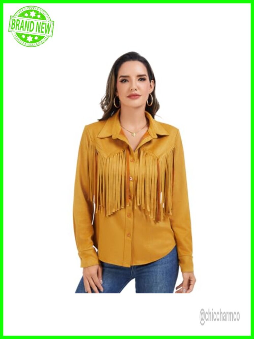 Women's Faux Suede Fringe Button-Down Shirt Long Sleeve Western Cowboy Top
